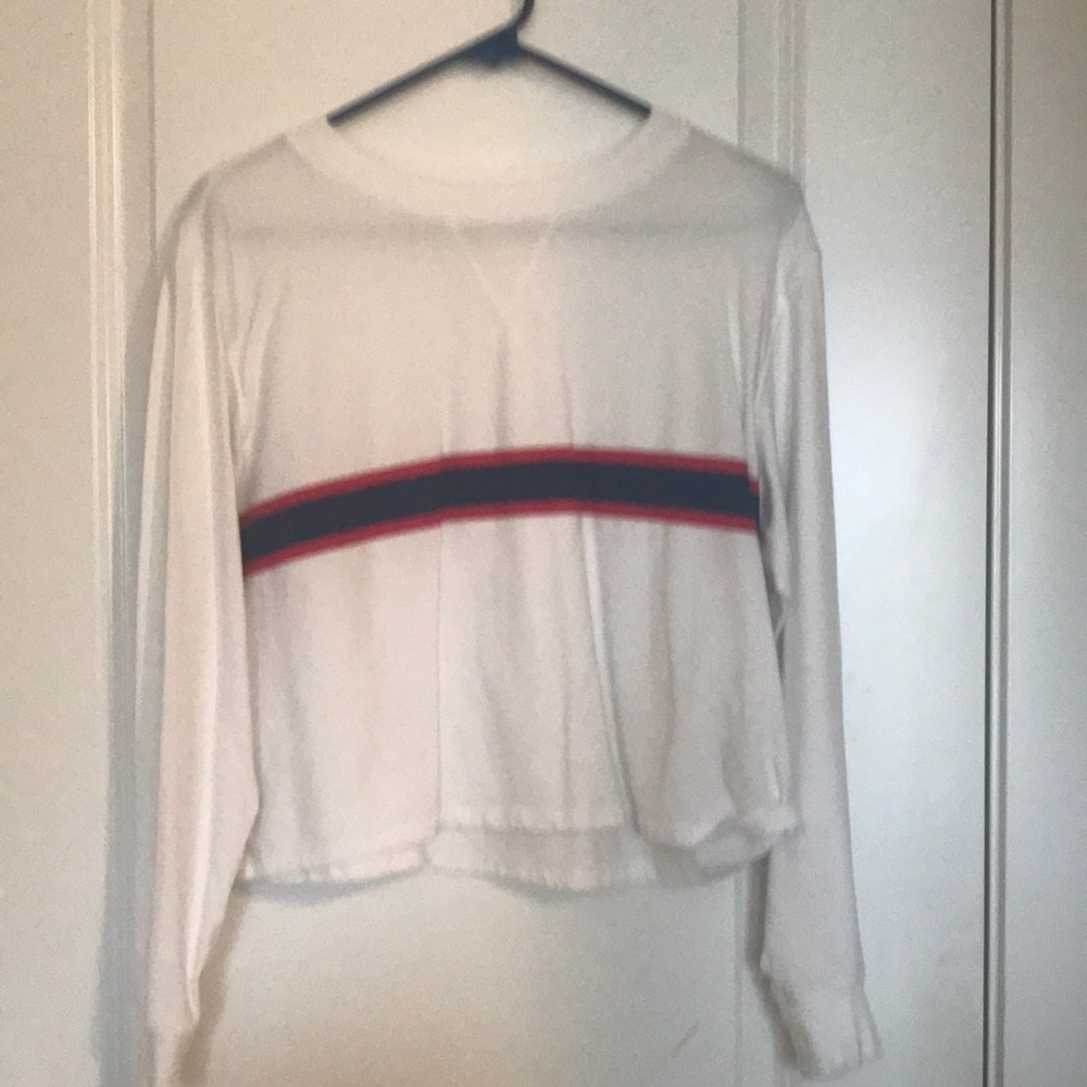 SO white long sleeve cropped top w/red and blue stripes. Size S. Relaxed fit.